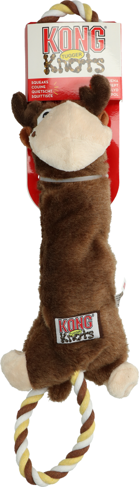 Et slidstærkt udstoppet Kong træklegetøj - Moose (Elg) M/L med et reb påsat, ideel som interaktivt hundelegetøj.