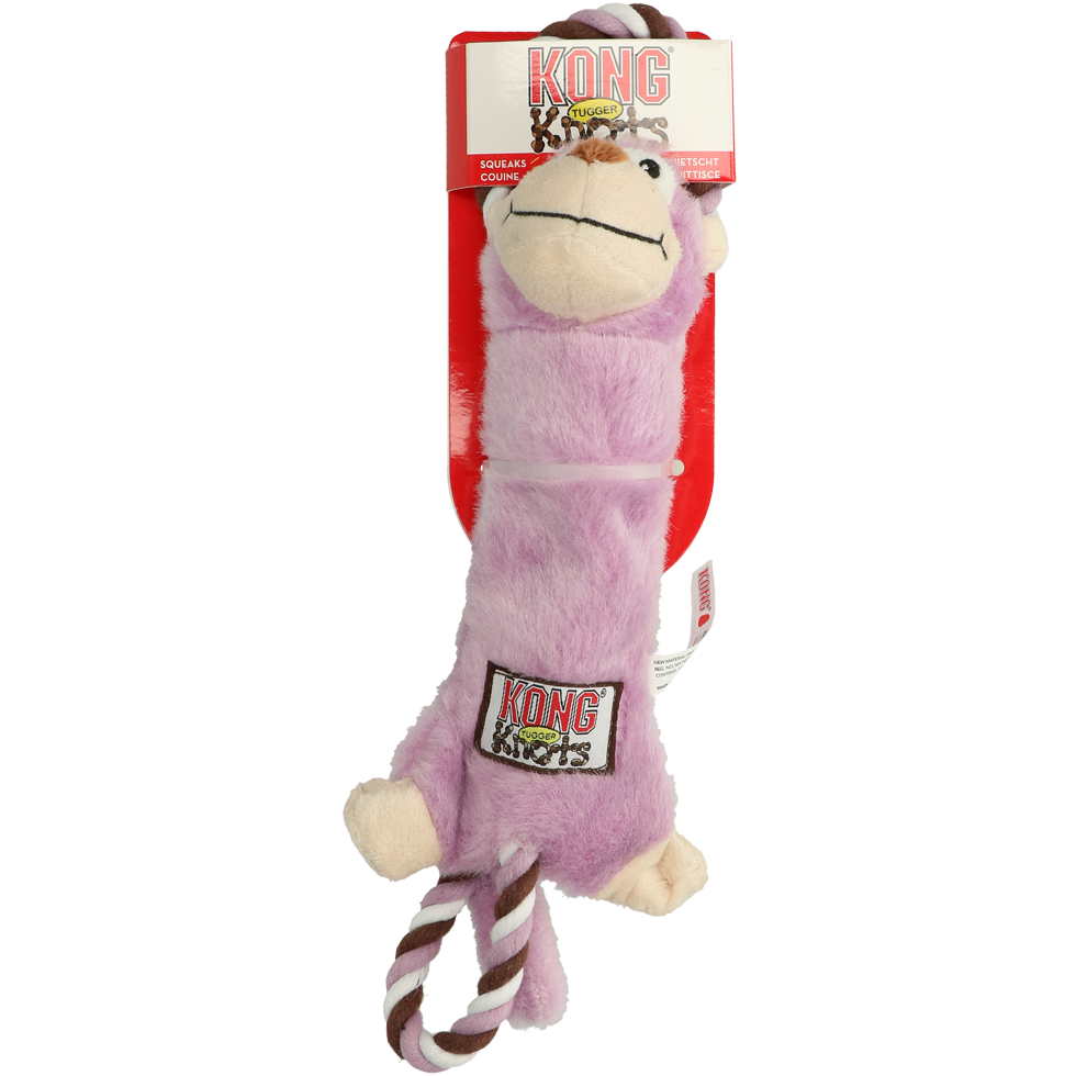 Et lilla Kong træklegetøj - abe S/M med et reb fastgjort, der ligner Tugger Knots fra Kong.