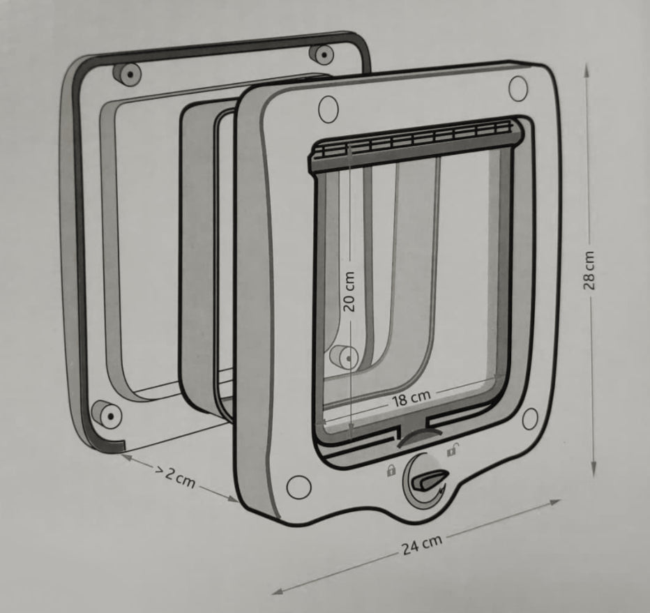 Et diagram, der viser dimensionerne af en Trixie Kattelem XL 4-vejs (24 x 28 cm) med tunnel.