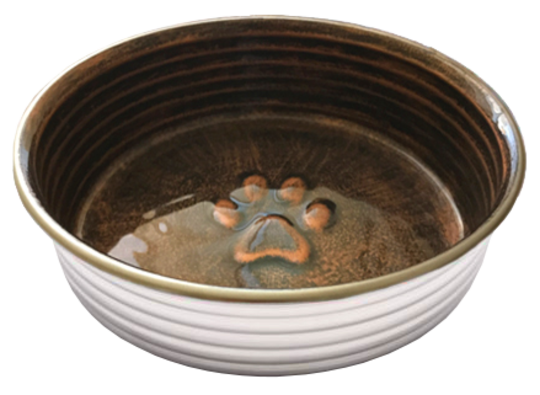 En Hunde mad- og vandskål med poteprint på, fås i Le Bols Cocolat design.