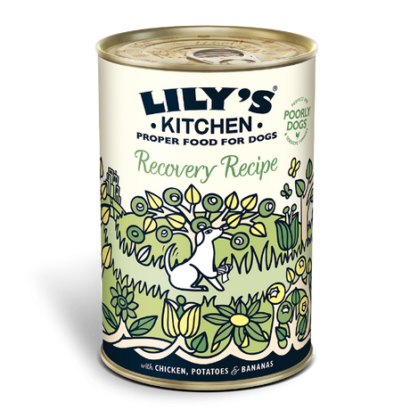 En dåse med Lily's Kitchen Recovery Recipe, en vådfoder til hunde med kylling, kartofler, bananer og præbiotika formuleret til genopretnings opskrift og egnet til dem med en følsom mave.