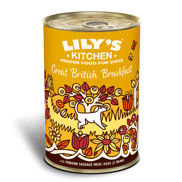 Lily's Kitchen tilbyder et nærende Lily's Kitchen - Great British Breakfast - vådfoder til hunde med pølsekød af vildt, skinke og haricot bønner dåse til din hund.