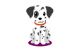 En tegneserie dalmatisk hund, der sidder på en lilla baggrund, der promoverer brugen af Vetboxen Aps' Mellem hund 10-25 kg.