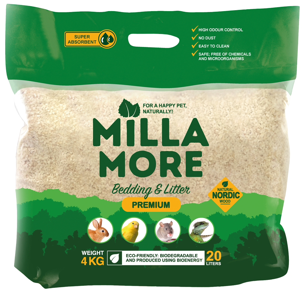 En pose MillaMoore premium 4kg Bøgeflis, perfekt til brug som strøelse - det er støvfri.