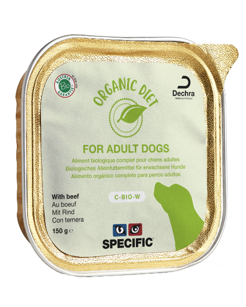 En økologisk dåse med Specific C-BIO-W 5x150g, lavet med naturlige ingredienser, til voksne hunde.