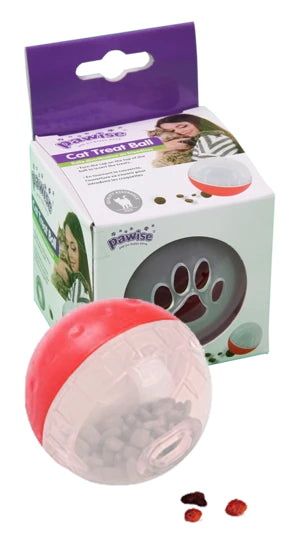 Et lyserødt og rødt Aktivitets legetøj til kat, godbidsbold med poteprint på, perfekt til Kæledyr der elsker Godbidder - pawise.