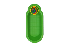 Beskrivelse: Et pawise fuglebad til undulater og småfugle, med legetøj, med en gul bold i midten.