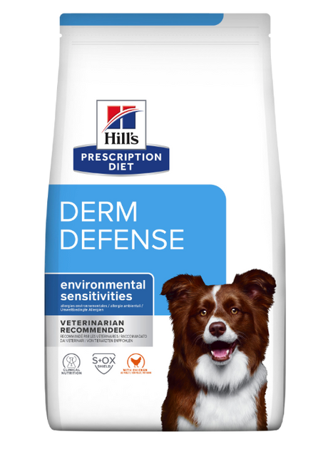 Hills Prescription Diet Derm Defense er et specialiseret hundefoder designet til hunde med miljøfølsomme følsomme.