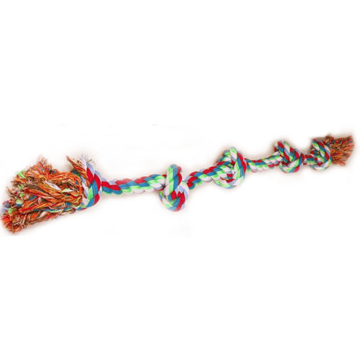 Et sjovt og farverigt Kw-hundelegetøj lavet af et stærkt reb med 5 knob, afbilledet på hvid baggrund.