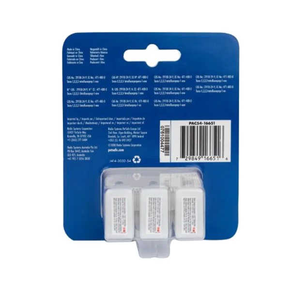 En pakke med tre Refill væske til Gø halsbånd med spray fra PetSafe batterier i en pakke, egnet til brug med vibrations- og gøhalsbånd-enhederne.