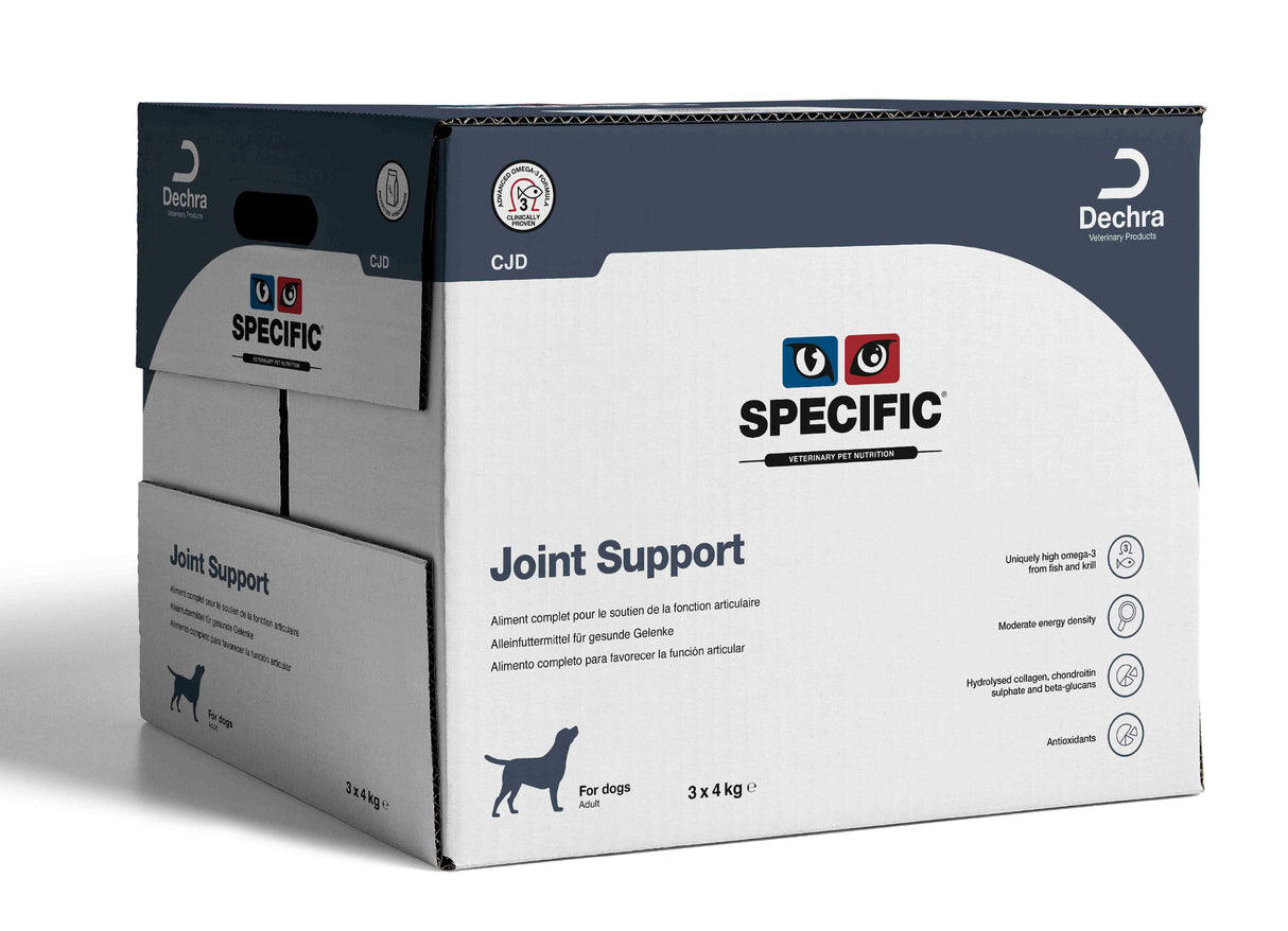 En æske med Specifik Cjd Flexibility Support hundefoder, der giver sunde led og lindre ledsmerter. Dette produkt fremmer fleksibilitetsstøtte til hunde med Cjd Flexibility Support.