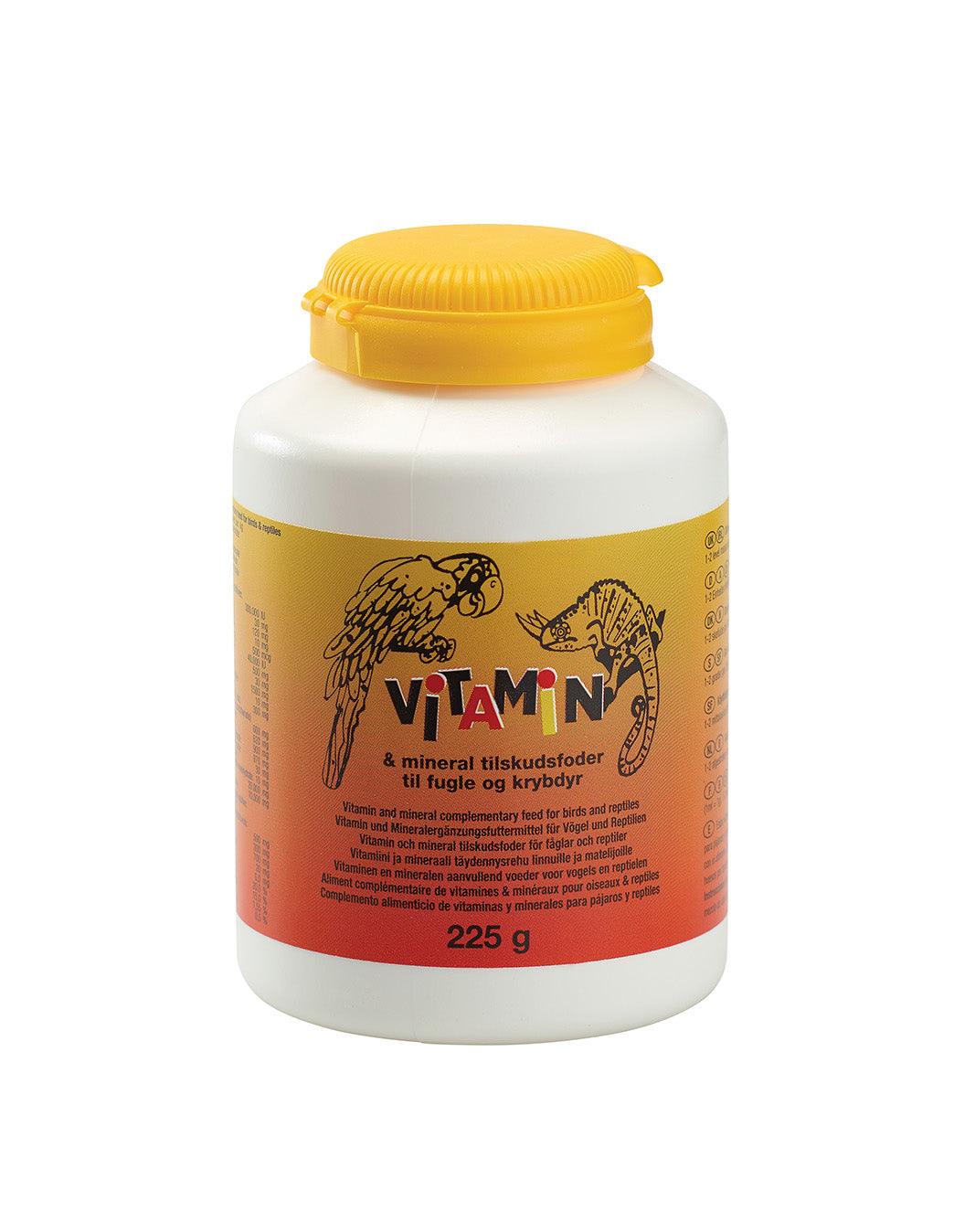 En krukke med Diafarm vitaminpulver og mineraler til fugle og krybdyr på hvid baggrund med vitaminer.