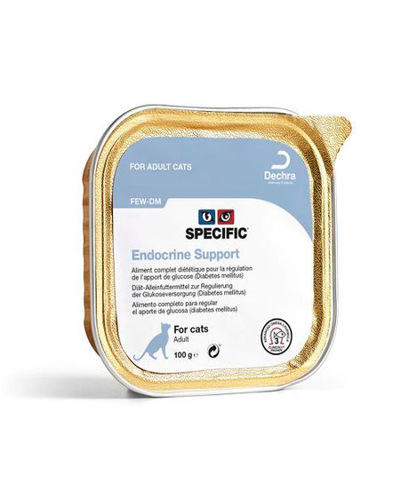 En dåse Specific FEW-DM vådfoder til katte - Endokrin støtte 7 x 100g i en hvid dåse.