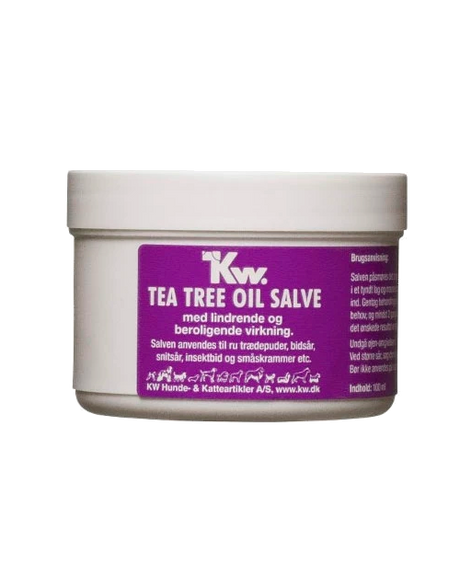 En krukke med Tea tree oil salve fra KW 100ml på sort baggrund.
