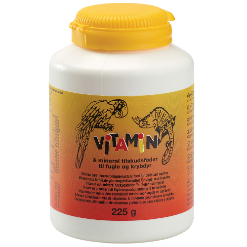 En flaske Vitaminpulver og mineraler til fugle og krybdyr fra Diafarm.