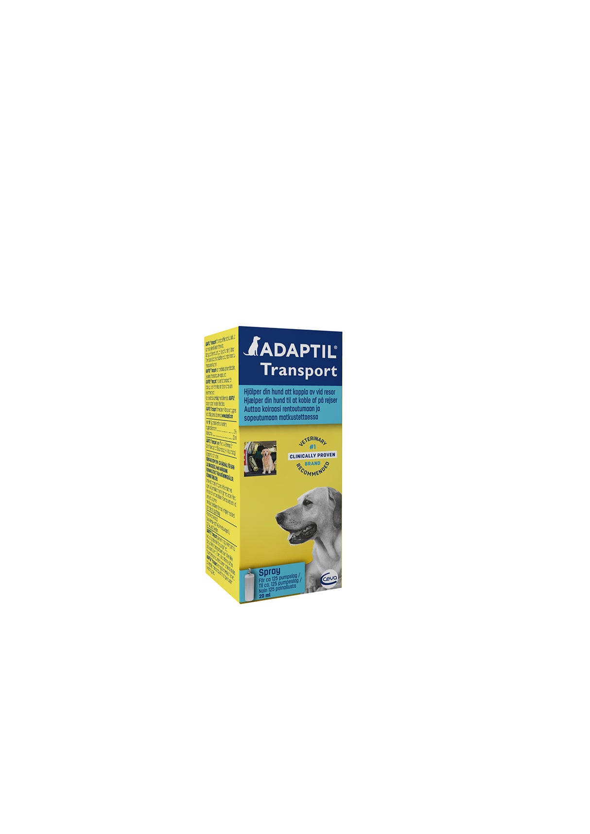 Adaptil Spray - A box with a dog on it, containing Adaptil Spray, kan forebygge frygt eller stressrelaterede reaktioner, Feromoner til hunde/hvalpe for trygge og rolige øjeblikke.