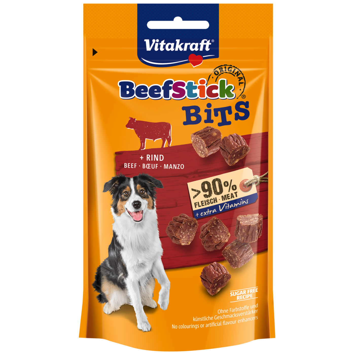 Sukkerfri Vitakraft Hundegodbidder Beefstick Bits til hunde med højt kødindhold.