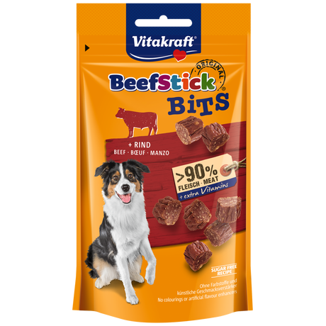 Sukkerfri Vitakraft Hundegodbidder Beefstick Bits til hunde med højt kødindhold.