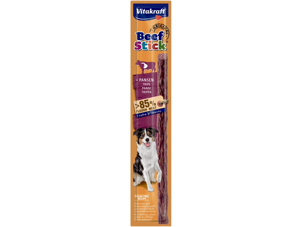 En pakke Vitakraft Beef-Stick SALAMI, lækre pølser til hunde med en hund på.