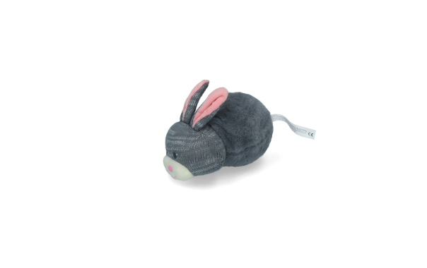 Et gråt Bunny Puppy tøjdyr med lyserøde ører, perfekt som hundelegetøj eller plys legetøj, på hvid baggrund.