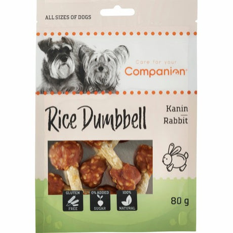 En pose Companion Godbidsmarked Kanin Ris Dumbbell, med munchy til hunde.