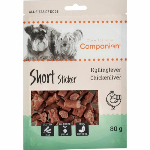 En ledsagersnackpose til hunde med Godbidsmarked kyllingelever i små bidder, bløde leverklistermærke.