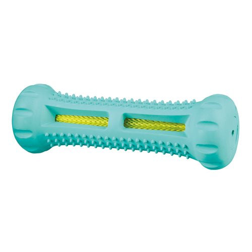 Et Denta Fun - ben for bedre mundhyejne hundetyggetøj til hvalpe, med et blåt og gult design, der er målrettet mod tandkødet. (Mærkenavn: Trixie)