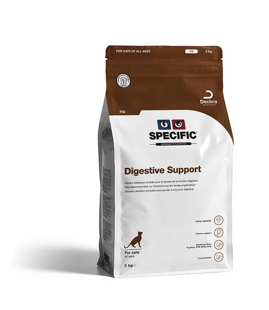 En pose Specific - Digestive Support hundefoder indeholdende letfordøjelige ingredienser på en hvid baggrund.