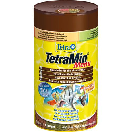 Tetra Menu - 4 slags kvalitets flagefoder til dine akvariefisk er et ideelt valg til unge fisk, da det giver essentielle Basisfødevarer spækket med proteiner for at understøtte deres vækst og udvikling.