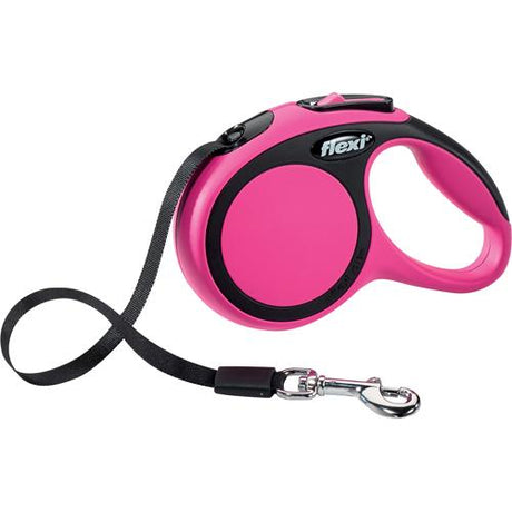 En flexi New Comfort pink hundesnor med sort håndtag.