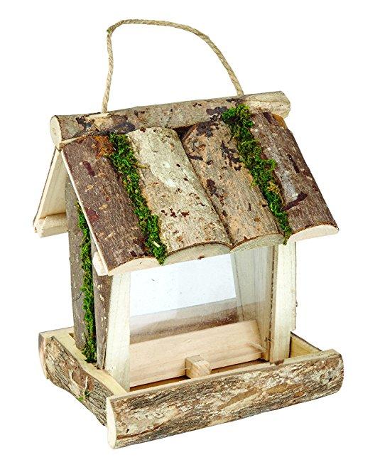 Foderautomat til fuglefrø af naturtræ til småfugle, rustikt look