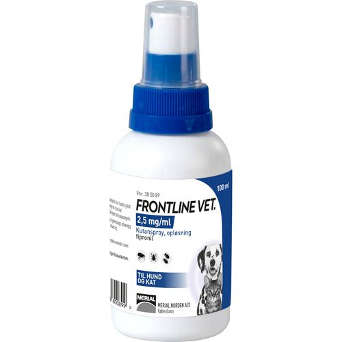 En flaske Frontline Vet - Loppespray også til hvalpe og killinger fra Frontline på hvid baggrund.