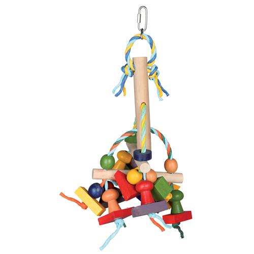 Et Eldorado papegøje legetøj fuglelegetøj hængende i en krog, prydet med papirbånd.
