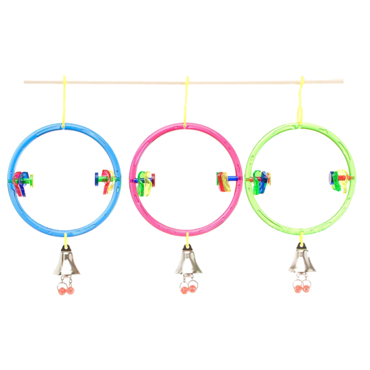 Tre JW Fugle/Parakit gynge med klokke og legetøj med små fugle og klokke med perler.