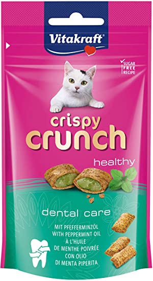 Beskrivelse: Vitakraft Kattegodbid dental med peppermynte olie, Crispy Crunch til forebyggelse af tandsten hos katte.