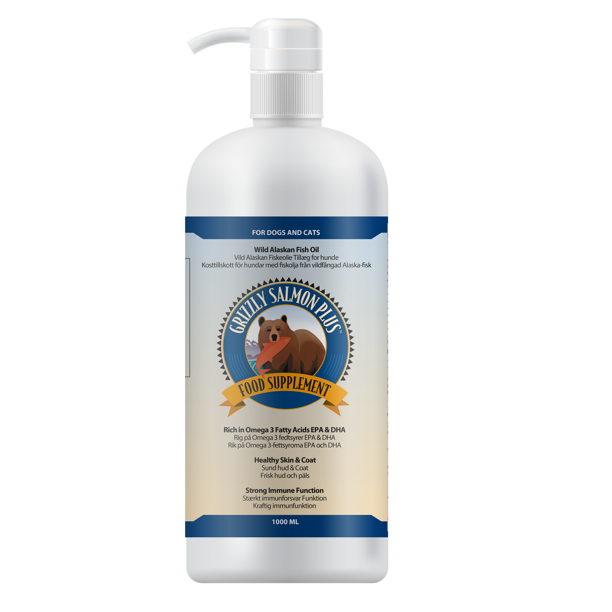 En flaske hestesinfektionsmiddel med en blå etiket, infunderet med Grizzly Vildlakseolie - Salmon Plus, Lakseolie af højeste kvalitet for Omega-3 fedtsyrer fordele.