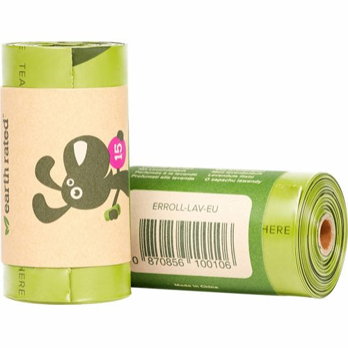 En grøn papirrulle med et dyr på, lavet af miljøvenlige materialer og tilsat duften af lavendel. Velegnet til kæledyrsejere på udkig efter Miljøvenlige hundeposer med lavendels duft fra jordbedømte, der begge er miljøvenlige. Mærke: PoopyGo