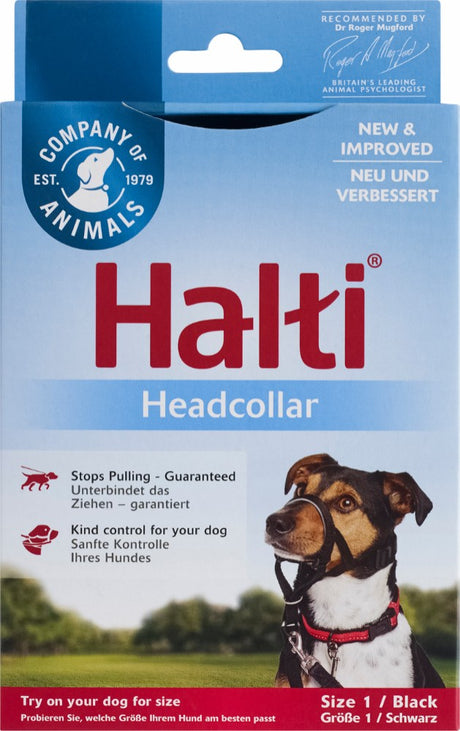 En pakke med Snudesele-Halti til hunde, designet til at forhindre træk under gang (anti-træk) og hjælpe med træning af stærkt trækkende hunde (trækker).