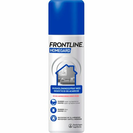 Frontline Homeguard Spray 250ml er et yderst effektivt produkt til bekæmpelse af lopper og flåter. Det er specielt formuleret til at målrette og eliminere lopper, hvilket giver en bekæmpelse af lopper.