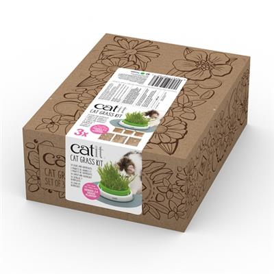 Et Catit Senses 2.0 Grass Kit, produceret af Catit, viser en kasse med græs på en hvid baggrund.