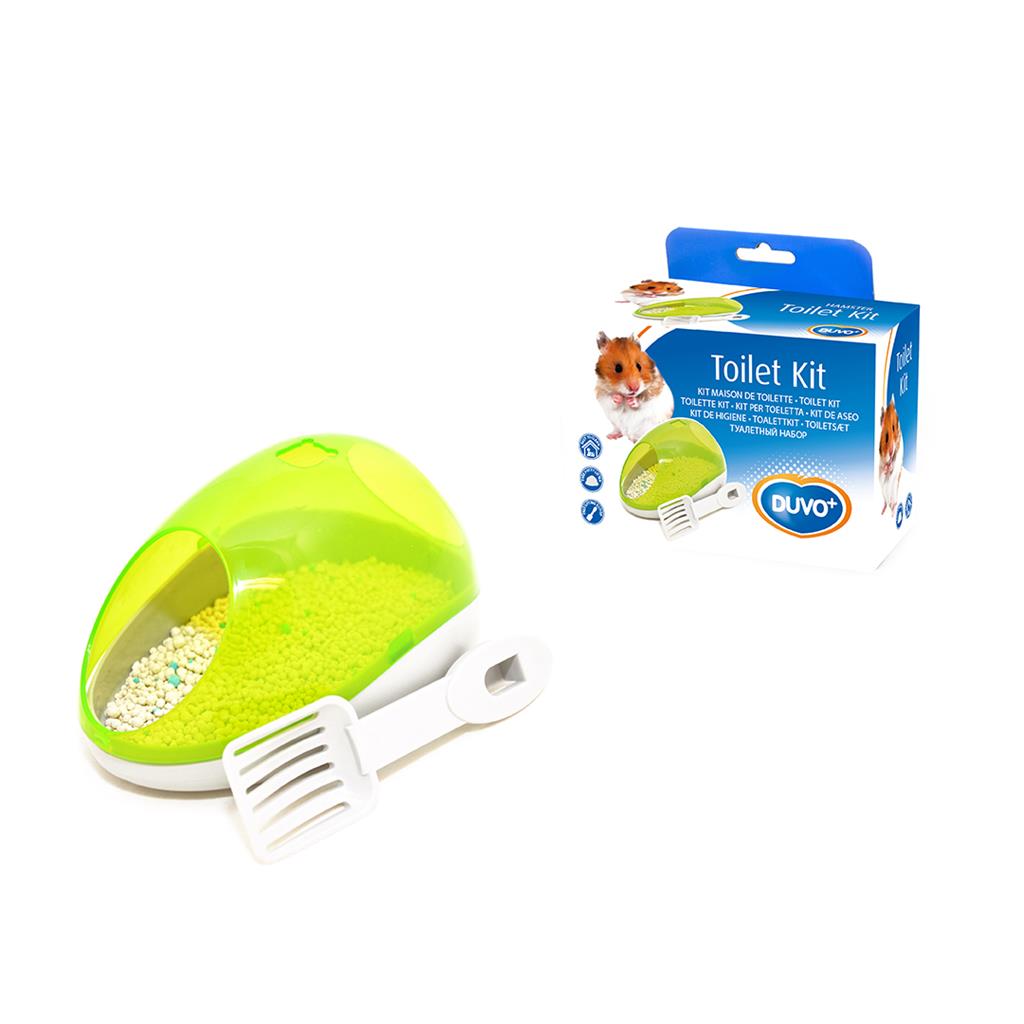 Et Duvo hamstertoilet kit, med tag og grus, er udstyret med en squeaker og en børste for nem rengøring. Æsken er lavet af Grus materiale, der absorberer lugt.
