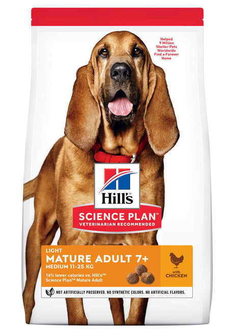 Hill's Science Plan voksenhundefoder med lavt kalorieindhold til ældre hunde.
Produkt: 12kg Hills Canine Mature Light Medium Chicken til hunde på+7 år
Mærke: Hills Science Plan