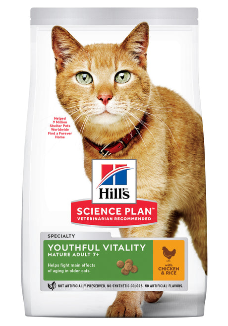 Hill's Science Plan tilbyder en bred vifte af muligheder, herunder den populære 7 kg Hill's Youthful Vitality kattefoder til katte over 7 år og den specialiserede Mature Kattefoder blanding. Med lækre smage som Kylling.