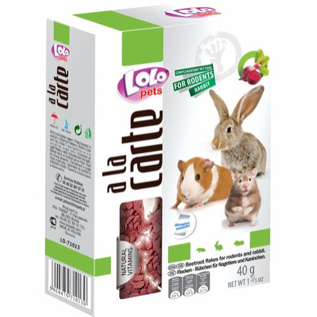 En pakke Gnaversnack fra Lolo Pets med en kanin og et supplement.