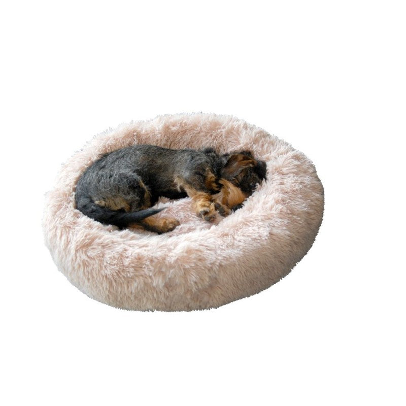 En Fluffy Hundeseng "Fluffy" Koksgrå plys donut i en rund form med en lille hund sovende.