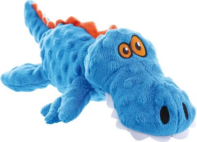 En ensfarvet blå Hundebamse Blå Alligator XS 19 cm legetøj fra GoDog på hvid baggrund.