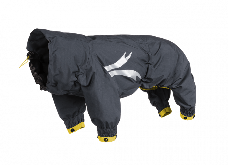 Hunden er iført en Hurtta - Outdoor Slush Combat Suit, der giver beskyttelse til udendørs brug.