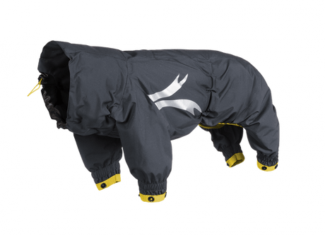 Hunden er iført en Hurtta - Outdoor Slush Combat Suit, der giver beskyttelse til udendørs brug.