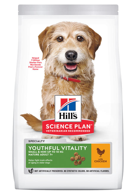 Hill's Science Plan Youthful Vitality hundefoder specielt formuleret til senior små hunderacer, beriget med omega-3 og omega-6 fedtsyrer for vitalitet og sundhed.