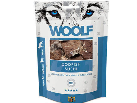 Wolf Codfish Sushi til hunde lavet uden konserveringsstoffer eller kunstige tilsætningsstoffer erstattes med Hundegodbidder fra Woolf, lækre stykker af torsk af mærket Woolf.